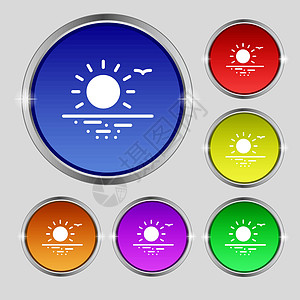 农业气象日落图标符号 光亮彩色按钮上的圆形符号 矢量插画