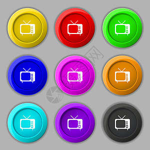 电视图标标志 九个圆形彩色按钮上的符号 韦克托播送信号屏幕展示水晶渠道手表天线电视机电影图片