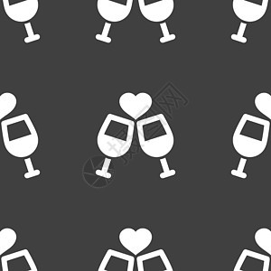 两杯葡萄酒或香槟图标标志 灰色背景上的无缝模式 韦克托庆典液体酒杯夹子气泡艺术朋友们食物夫妻藤蔓图片