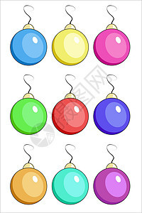 9个不同颜色的圣诞球插图圆形绿色彩虹蓝色橙子红色紫色玩具细绳粉色图片