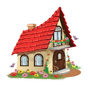 童话屋 配有鲜花的阳台木头楼梯谷仓彩色石头红色花朵绝缘草地快乐图片