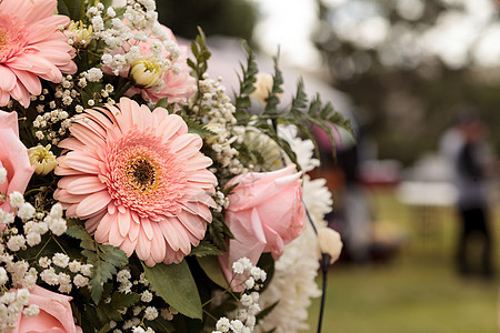 粉红玫瑰和粉红色的雪贝拉花雏菊玫瑰装饰风格满天星花瓣婚礼花束图片