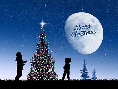 人庆祝圣诞节的人快乐孩子们家庭插图月亮庆典松树背景图片