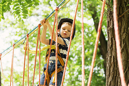 孩子们爬在冒险公园里 男孩喜欢爬绳子运动高度幸福闲暇金属娱乐马具绳索冒险腰带图片
