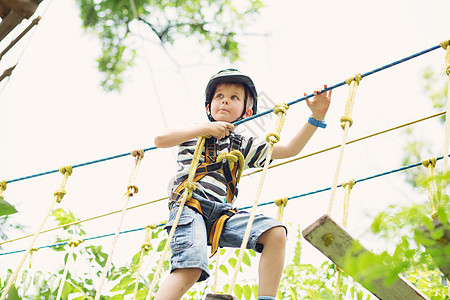 孩子们爬在冒险公园里 男孩喜欢爬绳子障碍腰带公园操场绳索危险力量游戏森林安全图片