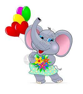 婴儿大象花朵卡通片动物乐趣灰色插图生日气球小象绘画图片