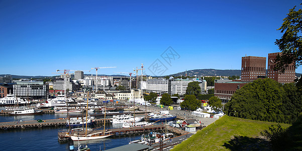 挪威奥斯陆堡垒海岸游艇码头首都全景市中心建筑学地标运输图片
