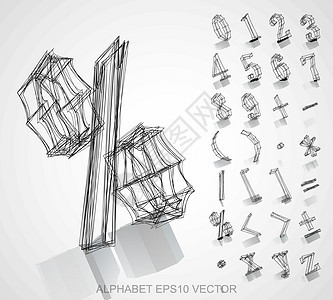 草绘数字和数学符号的矢量插图 手绘 3D 数字和数学符号乘法草图字母反射算术艺术墨水坡度度数图片