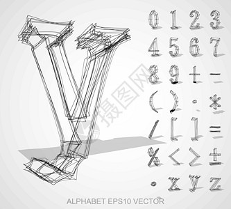 草绘数字和数学符号的矢量插图 手绘 3D 数字和数学符号乘法坡度算术艺术草图墨水字母度数图片