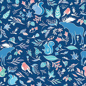 矢量冬季森林模式松鼠松树雪花叶子蓝色新年墙纸纺织品绘画插图图片