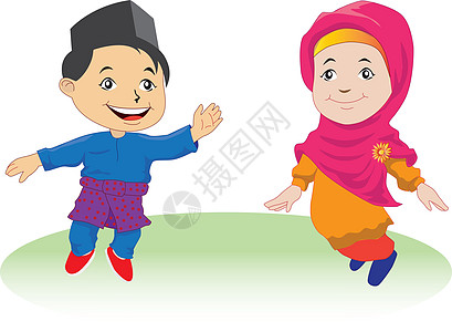 中的马来儿童裙子孩子们马来语幸福插图文化卡通片女孩男生夫妻图片