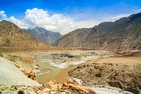 吉尔吉特河和印度河的交汇处 吉尔吉特巴尔蒂斯坦 巴基斯坦风景天空旅行蓝色岩石悬崖梧桐树全景山峰图片