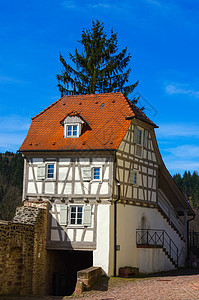 住家式的土屋 背景是蓝天建筑学草地窗户石头房子奢华住宅历史性小屋村庄图片