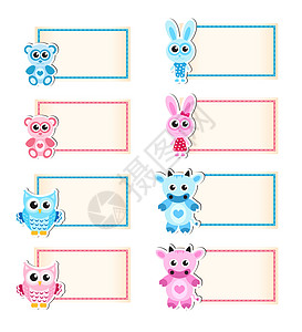 为文本设置动物空白模板 牛 猫头鹰 兔子 熊 蓝色和粉红色 宝贝邀请函 矢量图图片