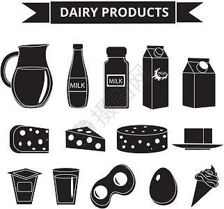 乳制品图标集轮廓样式 孤立在白色背景上的奶制品 牛奶和奶酪系列 农家食品 矢量图图片