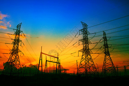 电厂工业用地利用之后的美丽日落活力工程金属电压钥匙电缆车站力量阴影环境图片