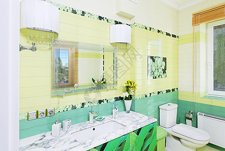 浴室柜子上美丽的草布的卫生间设计图片