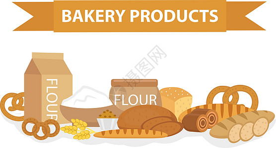 烘焙产品静物 平面风格 一套不同的面包横幅 矢量图图片