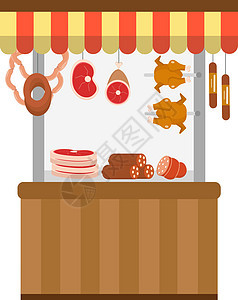 街头鲜肉店 肉店展示图标平面样式 在白色背景上隔离 与的柜台贸易 摆摊卖 矢量图背景图片