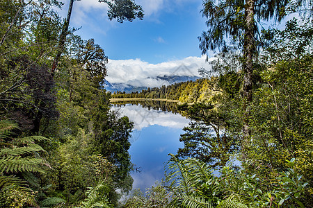 狐狸冰川目的地的马德森湖美景新风景蓝色森林荒野天空多云场景植物环境反射图片