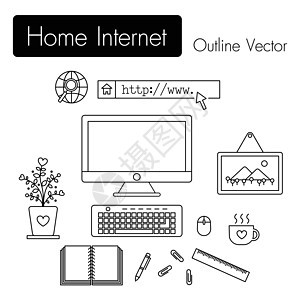 家庭互联网 计算机和现代工作区和设备 显示器屏幕 键盘 鼠标 相框 咖啡杯 笔记本 笔 回形针 尺子 花盆 在房间里图片