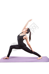 在瑜伽中坐着身穿黑衣服的亚裔妇女肖像专家沉思女士平衡白色温泉班级运动身体套装图片