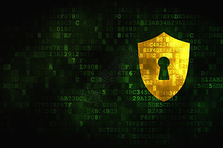 数字背景上带锁孔的安全概念盾牌绿色数据钥匙网络屏幕保卫隐私裂缝监视器黄色图片