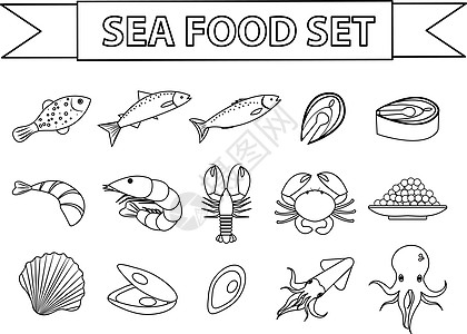 海鲜图标设置矢量 现代 线条 涂鸦风格 孤立在白色背景上的海鲜集合 鱼产品插图 设计元素鳟鱼贝类鱼片食物烹饪菜单收藏螃蟹乌贼动物图片