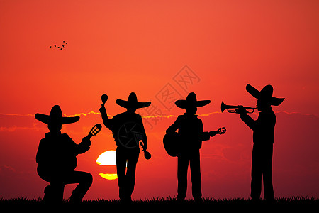 马里亚奇乐队边帽乐器喇叭日落流浪男人快乐吉他手吉他唱歌图片