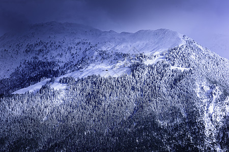 冬季山区滑雪小木屋顶峰森林全景高度运动风景蓝色山腰图片