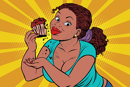 饮食概念女人吃 cupcak小吃流行音乐糕点女士流行糖果漫画商业午餐爆炸图片