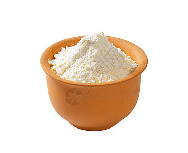 terracotta菜盘中的小麦面粉粉末盘子食物厨房木勺糕点地面谷物用具烘烤图片
