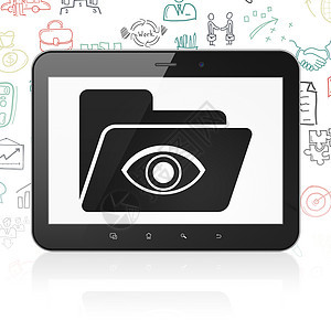 业务概念平板电脑与文件夹与眼睛上显示领导者屏幕项目战略3d展示药片金融安全营销图片