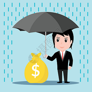 雨中打伞的商务人士保护天气金融商务卡通片男人男生公司财富插图商业图片