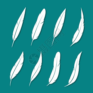蓝色背景的羽毛白色矢量组绘画艺术收藏墨水写作标识鹅毛夹子书法插图设计图片