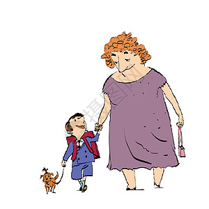祖孙和狗在墙上学生漫画长老背包女性奶奶工作卡通片宠物孩子图片
