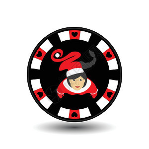 筹码扑克赌场圣诞新年 在圣诞老人女孩的中间有一个红色的边缘红心图标在白色的背景上很容易分开 用于网站设计装饰印刷等图片