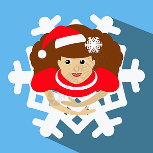 戴着红色帽子的圣诞老人夫人 头发上有雪花 顶视图 向上看 裙子里的样子 跳舞 跳舞 在蓝色背景上 用于新闻 设计 T 恤 网站图片