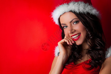 Pinup 圣诞女孩魅力工作室红色女性化妆品快乐乐趣新年微笑卷曲图片