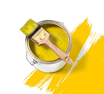 黄色油漆锡罐头顶部刷笔 白色背景 黄色中风图片
