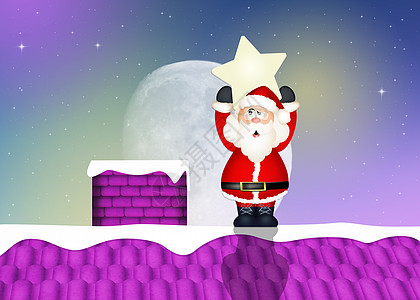 圣诞老人 有明星在屋顶上季节插图动物庆典新年解雇星星展示礼物图片