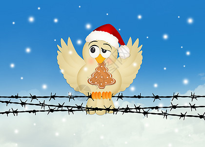 带圣诞饼干的鸟金属动物翅膀庆典问候语插图麻雀明信片背景图片