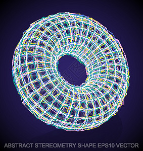 抽象立体形状多色速写环面 手绘 3D 多边形环面  EPS 10矢量图数字铅笔艺术网格中风插图框架蓝色等距金属图片