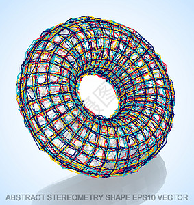 抽象立体形状多色速写环面 手绘 3D 多边形环面  EPS 10矢量图蓝色等距网格铅笔戒指创造力框架数字插图中风图片