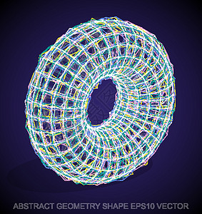 抽象立体形状多色速写环面 手绘 3D 多边形环面  EPS 10矢量图铅笔草图蓝色框架网格反射金属戒指创造力阴影图片
