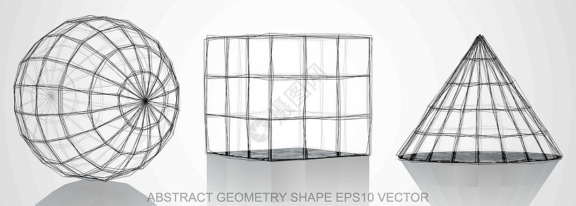 一组抽象几何形状速写 手绘 3D 多边形对象  EPS 10矢量图金属立方体网格绘画收藏反射正方形草图长方形插图图片