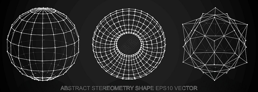 一组抽象立体测量形状 速写球体 环面 八面体 手绘 3D 多边形对象 EPS 10 矢量圆环节点艺术戒指插图绘画创造力网格三角形图片
