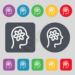 头部图标符号中齿轮的象形文字 一组 12 个彩色按钮 平面设计 韦克托技术界面用户标识涂鸦沉思插图思考头脑绘画图片