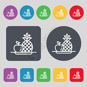 含有菠萝苹果图标符号的水果 一组有12个彩色按钮 平面设计 矢量图片