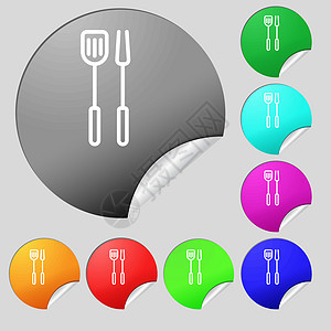 厨房用具设置图标符号 8个多色圆环按钮 标签 矢量图片